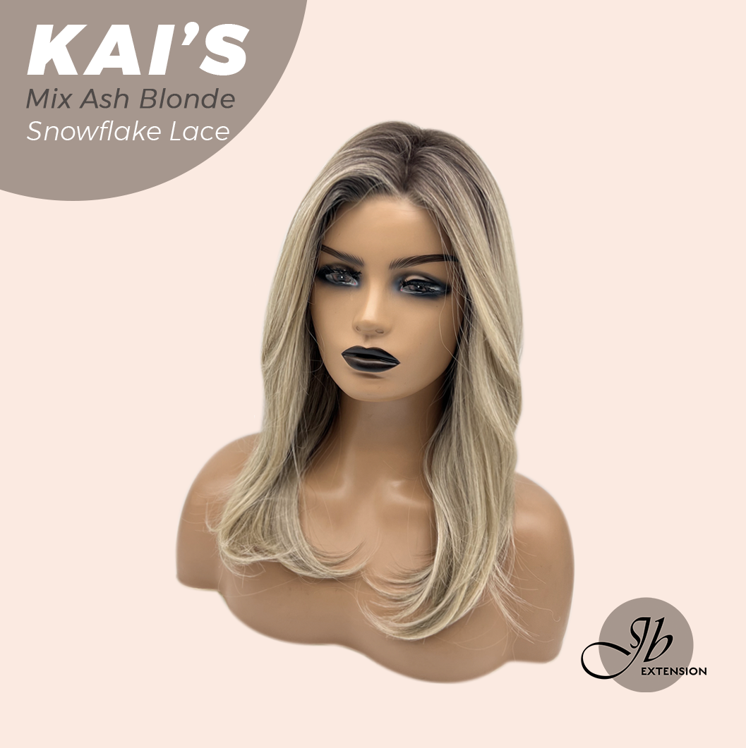 JBEXTENSION 18 Inches Mix Ash Blonde Pre-Cut Snowflake Lace Frontlace Glueless Wig KAI'S MIX ASH BLONDE【PERMATEASE】【BENDY EAR TABS】- M/L