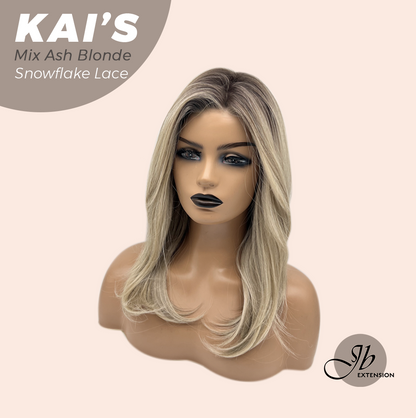 JBEXTENSION 18 Inches Mix Ash Blonde Pre-Cut Snowflake Lace Frontlace Glueless Wig KAI'S MIX ASH BLONDE【PERMATEASE】【BENDY EAR TABS】- M/L