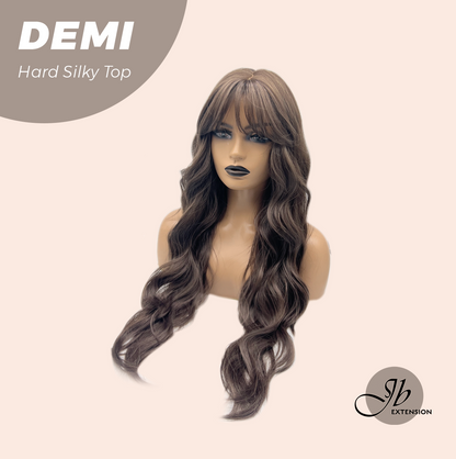 JBEXTENSION 28 Inches Scalpiana Body Wave Cold Brown 3.5X4 Hard Silky Top Natural Scalp Effect Wig with Bangs DEMI
