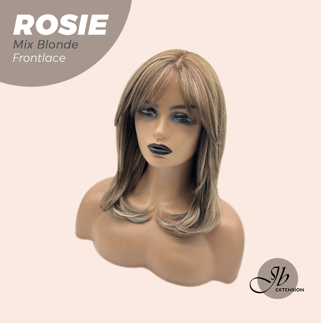JBEXTENSION 16 Inches Mix Blonde Curly Women Pre-Cut Frontlace Glueless Wig with Bangs ROSIE MIX BLONDE