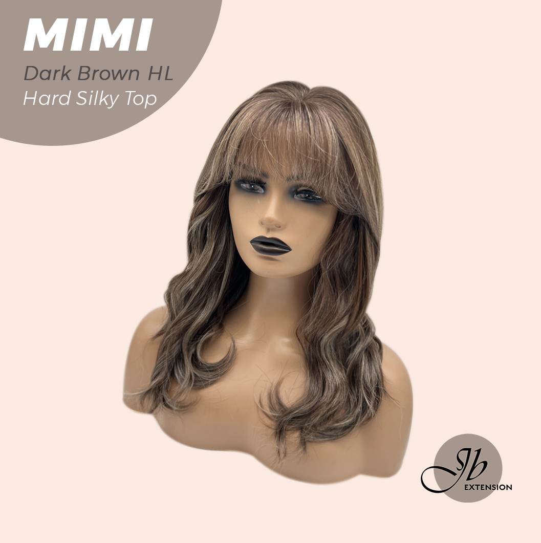 JBEXTENSION 16 Inches Scalpiana 3.5X4 Hard Silky Top Natural Scalp Effect Dark Brown Highlight Body Wave Wig with Bangs Wig MIMI SILK TOP - DARK BROWN HIGHLIGHT
