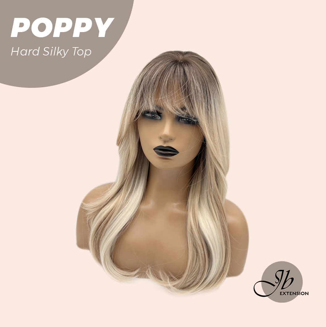 JBEXTENSION 21 Inches Scalpiana Curly Mix Blonde with Dark Root 3.5X4 Hard Silky Top Natural Scalp Effect Wig with Bangs POPPY