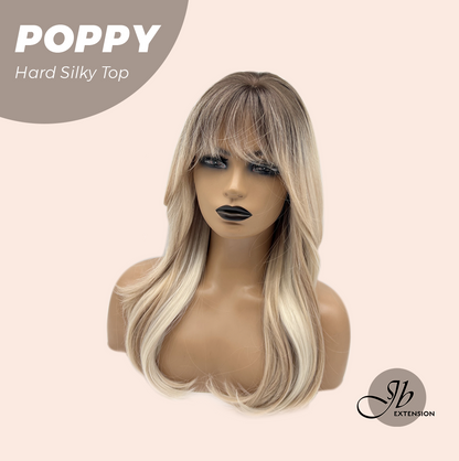 JBEXTENSION 21 Inches Scalpiana Curly Mix Blonde with Dark Root 3.5X4 Hard Silky Top Natural Scalp Effect Wig with Bangs POPPY