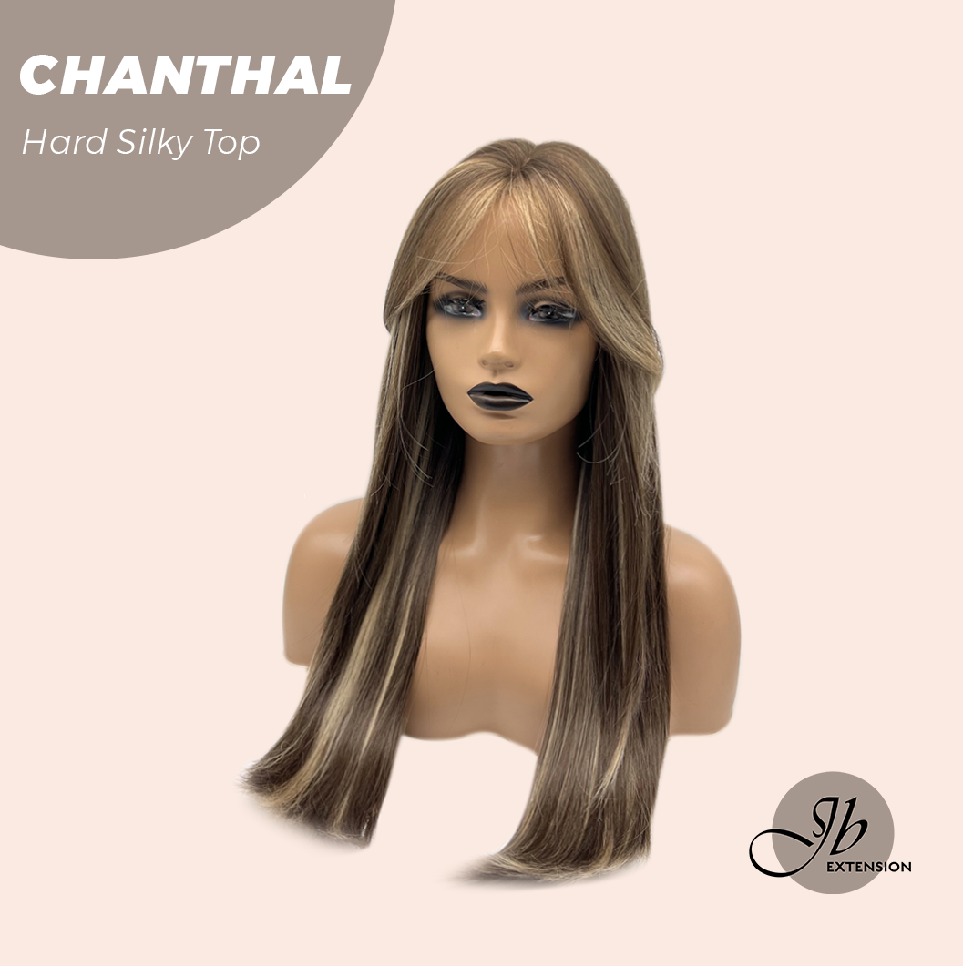 [FINAL SALE] JBEXTENSION 25 Inches Scalpiana Brown with Blonde Highlight 3.5X4 Hard Silky Top Natural Scalp Effect Wig With Bangs CHANTHAL