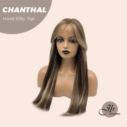 [FINAL SALE] JBEXTENSION 25 Inches Scalpiana Brown with Blonde Highlight 3.5X4 Hard Silky Top Natural Scalp Effect Wig With Bangs CHANTHAL