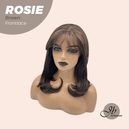 JBEXTENSION 16 Inches Brown Curly Women Pre-Cut Frontlace Glueless Wig with Bangs ROSIE BROWN