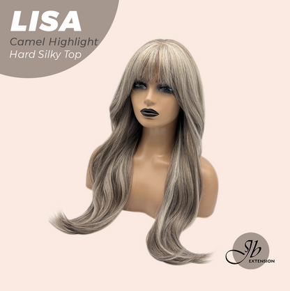 JBEXTENSION 26 Inches Scalpiana Long Curly Camel Highlight 3.5X4 Hard Silky Top Natural Scalp Effect Wig with Bangs LISA CAMEL HIGHLIGHT