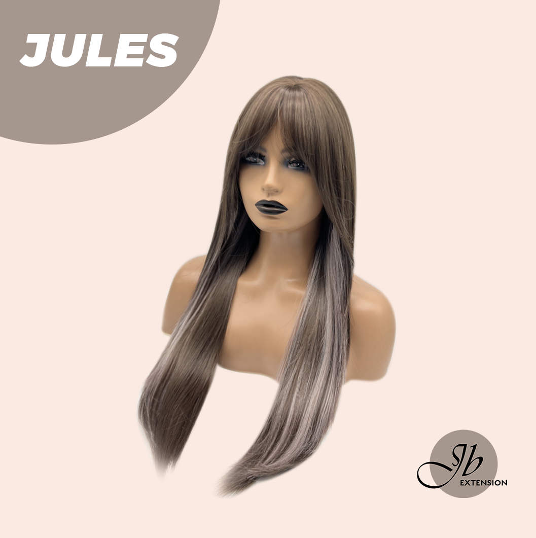 JBEXTENSION 28 Inches Long Straight Brown with Smog Pink Highlight Wig with Bangs JULES