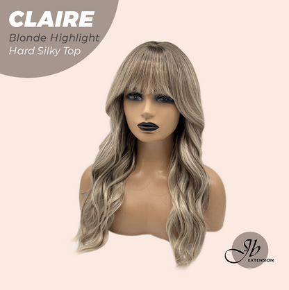 JBEXTENSION 22 Inches Scalpiana Blonde Highlight 3.5X4 Hard Silky Top Natural Scalp Effect Women Wig with Bangs CLAIRE SILKY TOP - BLONDE HIGHLIGHT