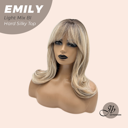 JBEXTENSION 18 Inches Scalpiana Curly Light Mix Blonde 3.5X4 Hard Silky Top Natural Scalp Effect Wig with Bangs EMILY LIGHT MIX BLONDE