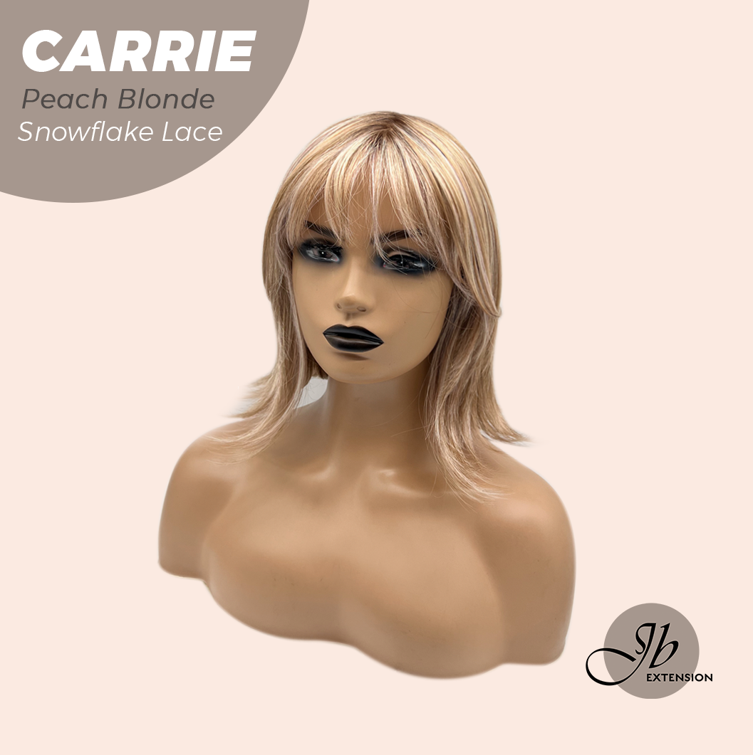 JBEXTENSION 11 Inches Short Hair Peach Blonde Pre-Cut Arc Snowflake Lace Frontlace Glueless Wig with Bangs CARRIE PEACH BLONDE【BENDY EAR TABS】