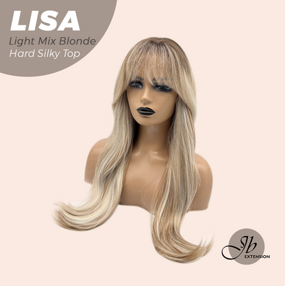 JBEXTENSION 26 Inches Scalpiana Long Curly Light Mix Blonde 3.5X4 Hard Silky Top Natural Scalp Effect Wig with Bangs LISA LIGHT MIX BLONDE