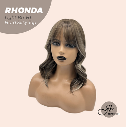 JBEXTENSION 15 Inches Scalpiana Curly Light Brown with Highlight 3.5X4 Hard Silky Top Natural Scalp Effect Wig with Bangs RHONDA LIGHT BROWN HIGHLIGHT