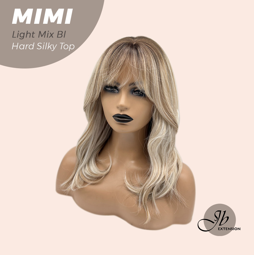 JBEXTENSION 16 Inches Scalpiana 3.5X4 Hard Silky Top Natural Scalp Effect Light Mix Blonde Body Wave Wig with Bangs Wig MIMI SILK TOP - LIGHT MIX BLONDE