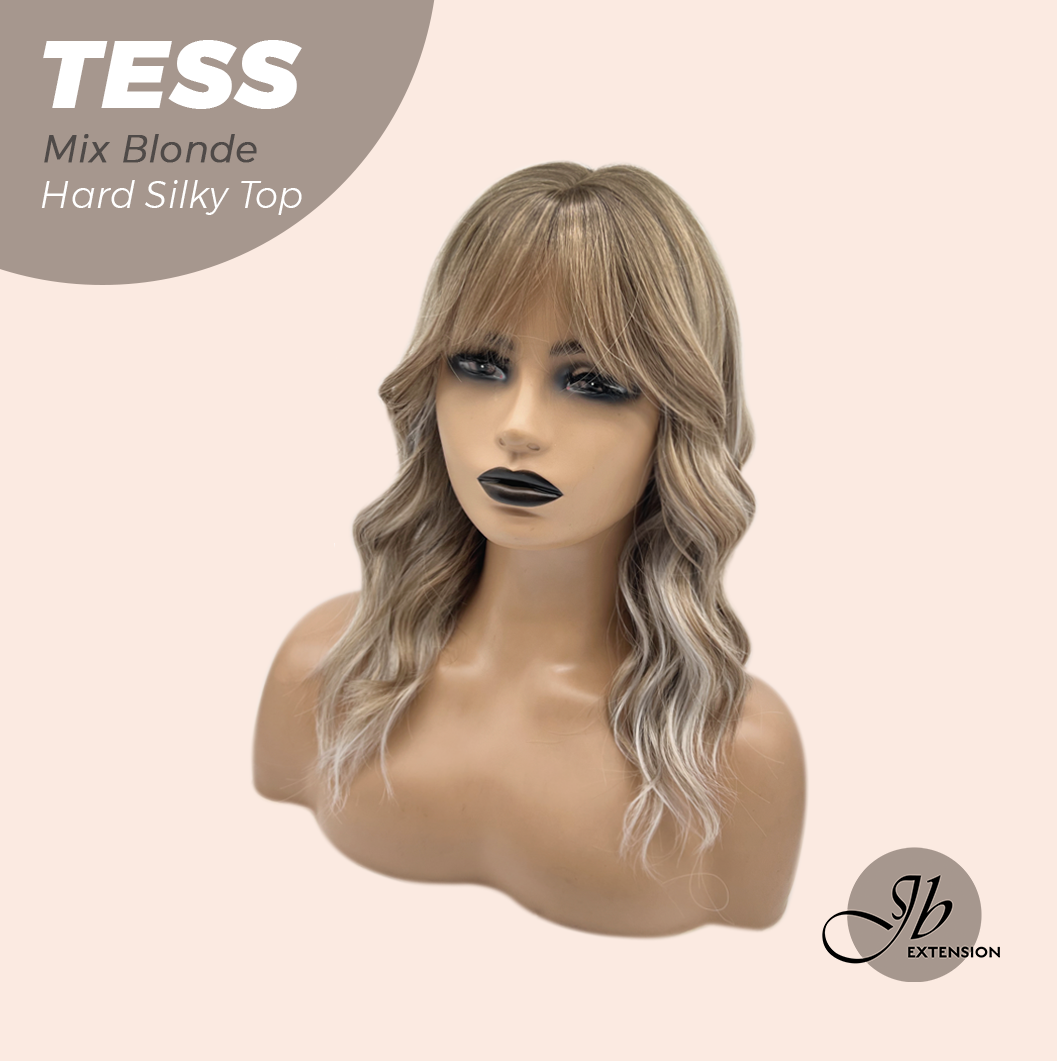 JBEXTENSION 15 Inches Scalpiana Wave Mix Blonde 3.5X4 Hard Silky Top Natural Scalp Effect Wig with Bangs TESS MIX BLONDE