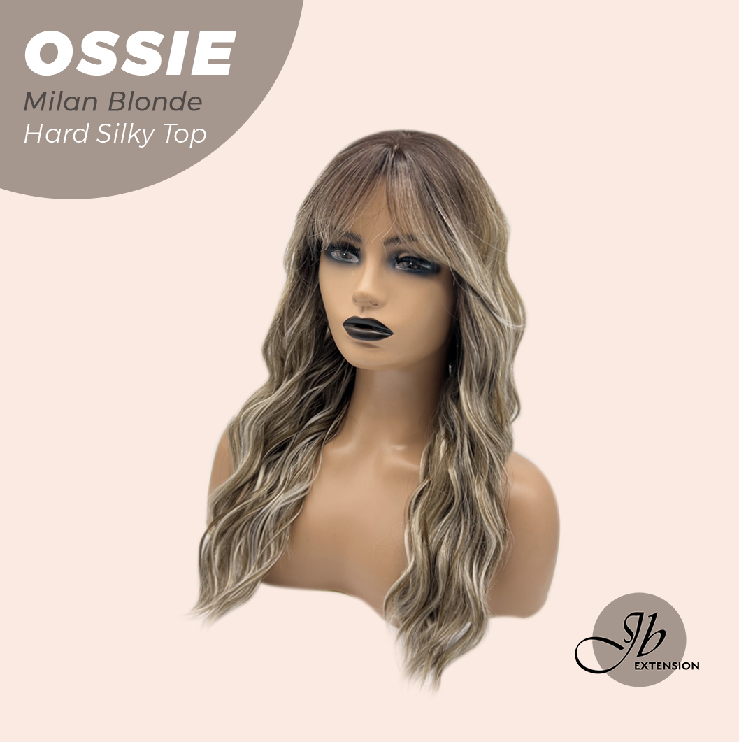 JBEXTENSION 22 Inches Scalpiana Long Wave Milan Blonde 3.5X4 Hard Silky Top Natural Scalp Effect Wig with Bangs OSSIE MILAN BLONDE