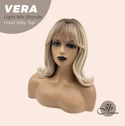 JBEXTENSION 17 Inches Scalpiana Curly Light Mix Blonde 3.5X4 Hard Silky Top Natural Scalp Effect Wig with Bangs VERA LIGHT MIX BLONDE