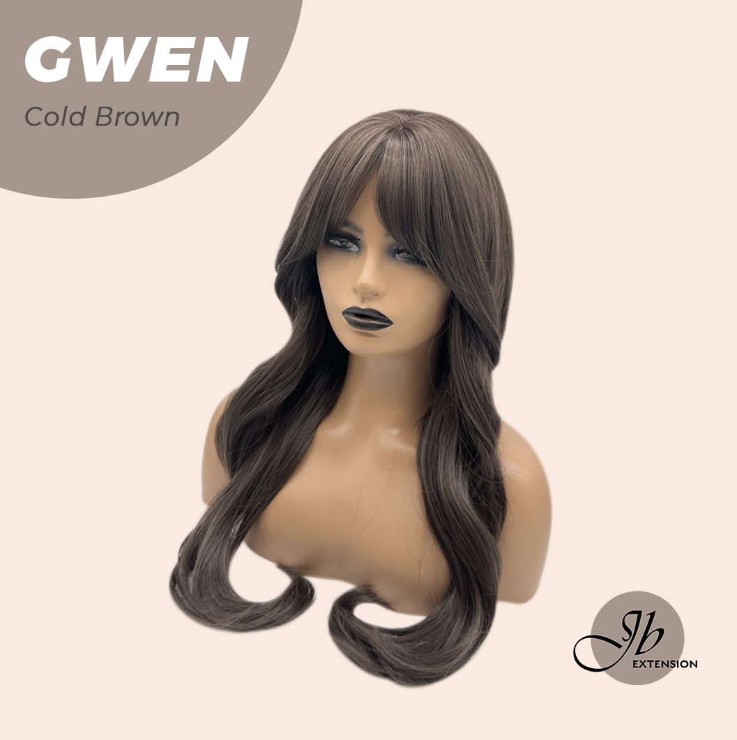 JBEXTENSION 25 Inches Long Curly Cold Brown Wig with Bangs GWEN COLD BROWN