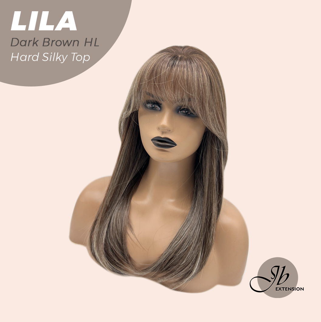 JBEXTENSION 20 Inches Scalpiana Dark Brown Highlight Wolf Cut 3.5X4 Hard Silky Top Natural Scalp Effect Wig With Bangs LILA DARK BROWN HIGHLIGHT