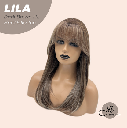 JBEXTENSION 20 Inches Scalpiana Dark Brown Highlight Wolf Cut 3.5X4 Hard Silky Top Natural Scalp Effect Wig With Bangs LILA DARK BROWN HIGHLIGHT