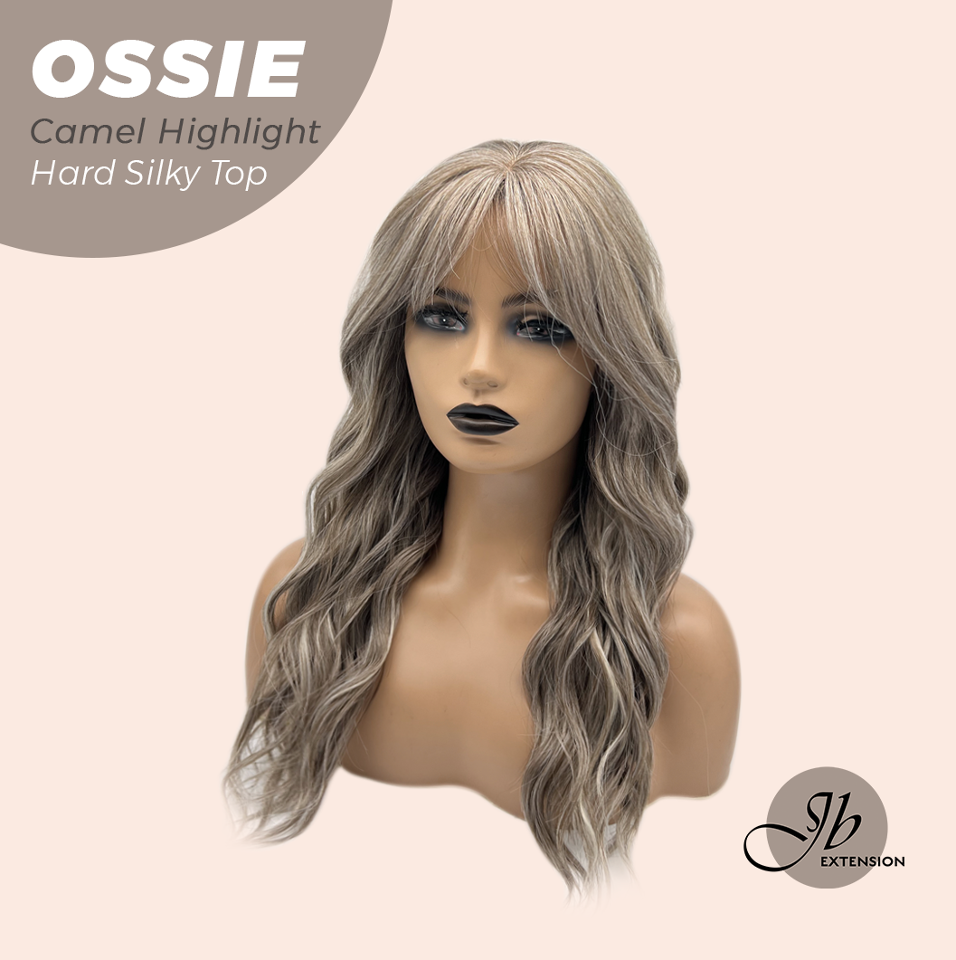 JBEXTENSION 22 Inches Scalpiana Long Wave Camel Highlight 3.5X4 Hard Silky Top Natural Scalp Effect Wig with Bangs OSSIE CAMEL HIGHLIGHT