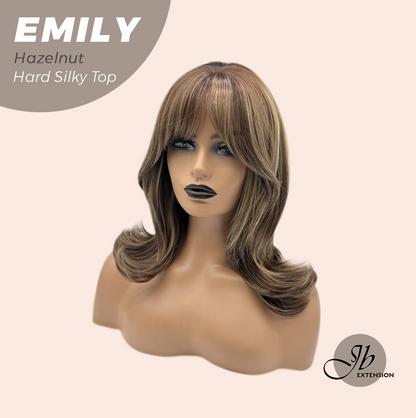 JBEXTENSION 18 Inches Scalpiana Curly Hazelnut 3.5X4 Hard Silky Top Natural Scalp Effect Wig with Bangs EMILY HAZELNUT