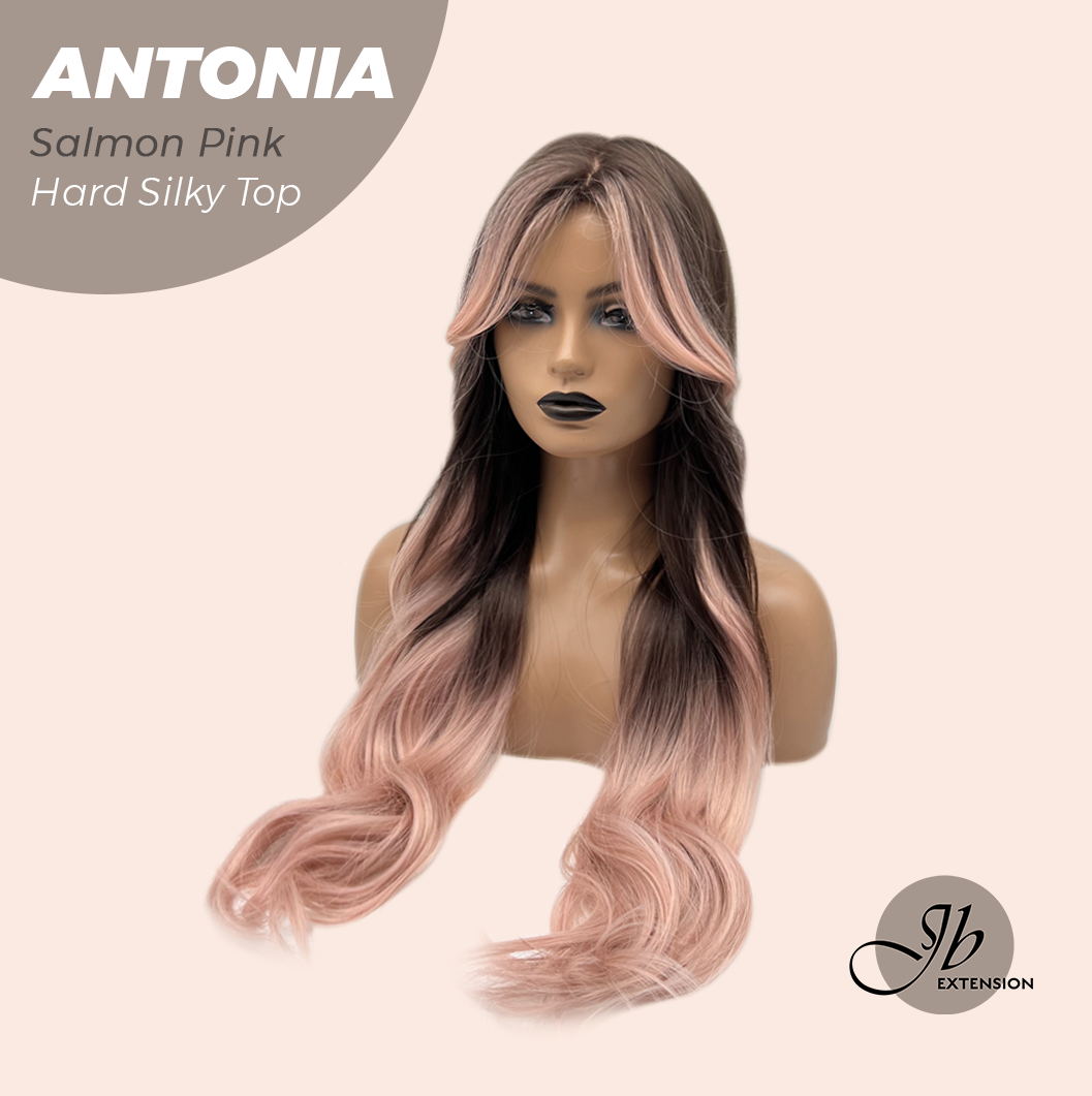 [FINAL SALE] JBEXTENSION 28 Inches Scalpiana Long Curly Salmon Pink 3.5X4 Hard Silky Top Natural Scalp Effect Wig ANTONIA SALMON PINK