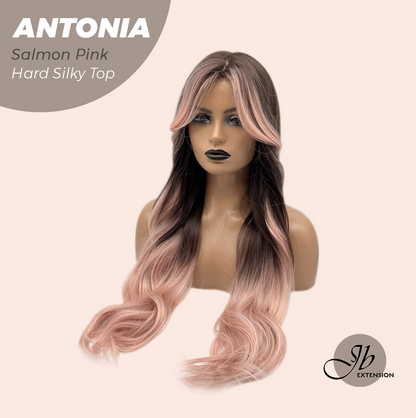 [FINAL SALE] JBEXTENSION 28 Inches Scalpiana Long Curly Salmon Pink 3.5X4 Hard Silky Top Natural Scalp Effect Wig ANTONIA SALMON PINK