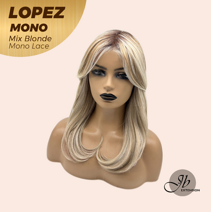 JBEXTENSION LOPEZ MONO Full Monofilament Handmade Full Lace Full Hand Tied Wig 18 Inches Mix Blonde Mono Lace Handmade Futura Fiber Wig with Anti-slip Silicone Strips Glueless Wig LOPEZ MONO - MIX BLONDE【BENDY EAR TABS】