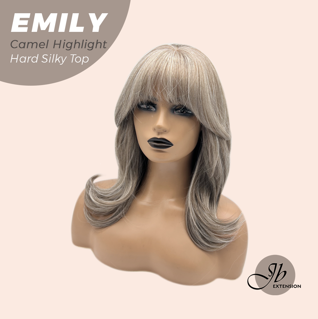 JBEXTENSION 18 Inches Scalpiana Curly Camel Highlight 3.5X4 Hard Silky Top Natural Scalp Effect Wig with Bangs EMILY CAMEL HIGHLIGHT