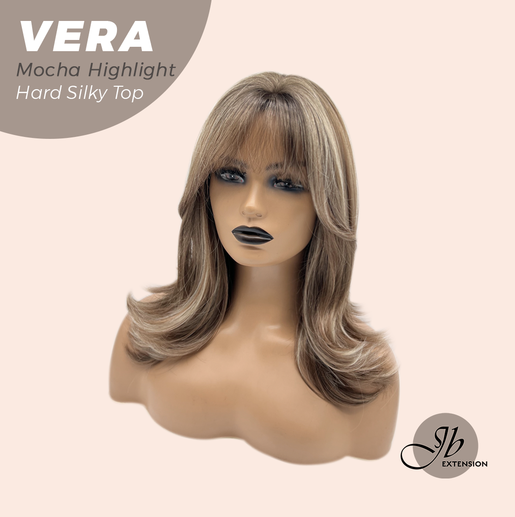 JBEXTENSION 17 Inches Scalpiana Curly Mocha Highlight 3.5X4 Hard Silky Top Natural Scalp Effect Wig with Bangs VERA MOCHA HIGHLIGHT