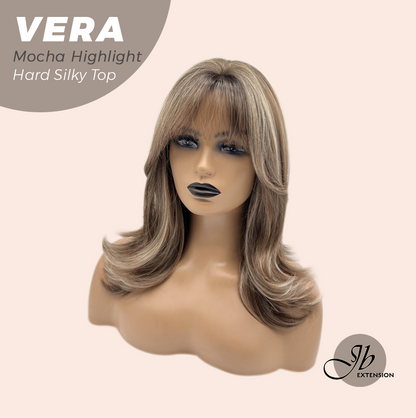 JBEXTENSION 17 Inches Scalpiana Curly Mocha Highlight 3.5X4 Hard Silky Top Natural Scalp Effect Wig with Bangs VERA MOCHA HIGHLIGHT