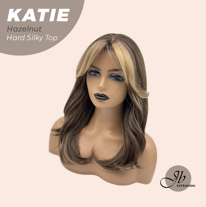 JBEXTENSION 18 Inches Scalpiana Curly Hazelnut 3.5X4 Hard Silky Top Natural Scalp Effect Wig with Bangs KATIE HAZELNUT