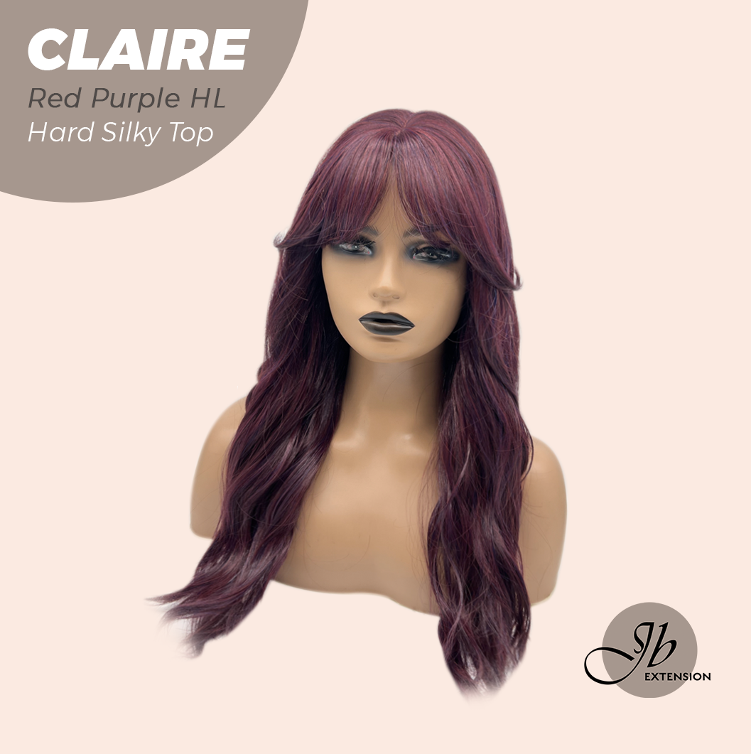 JBEXTENSION 22 Inches Scalpiana Red Purple Highlight 3.5X4 Hard Silky Top Natural Scalp Effect Women Wig with Bangs CLAIRE SILKY TOP - RED PURPLE HIGHLIGHT