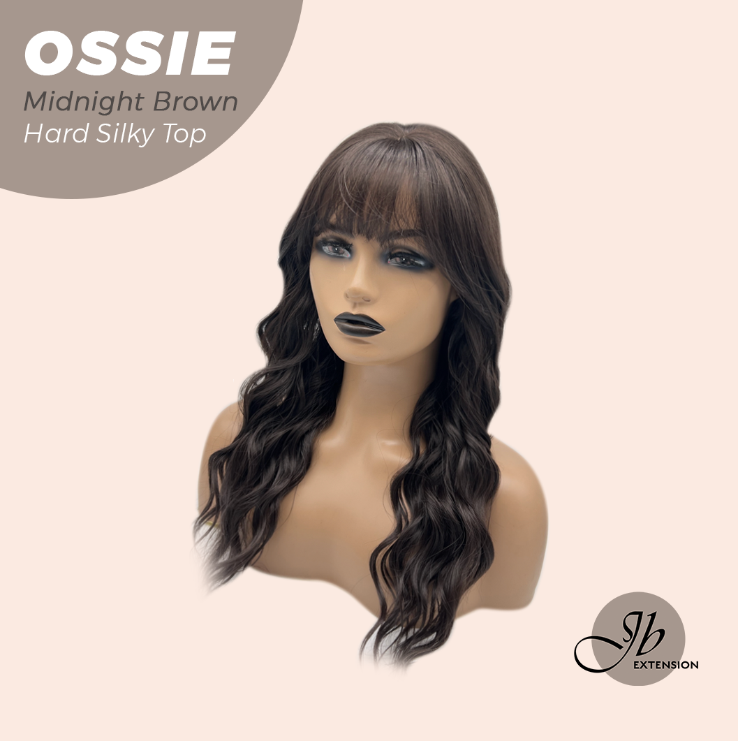 JBEXTENSION 22 Inches Scalpiana Long Wave Midnight Brown(Black/Brown) 3.5X4 Hard Silky Top Natural Scalp Effect Wig with Bangs OSSIE MIDNIGHT BROWN