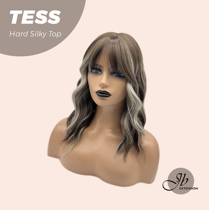 JBEXTENSION 15 Inches Scalpiana Wave Light Brown with Highlight 3.5X4 Hard Silky Top Natural Scalp Effect Wig with Bangs TESS