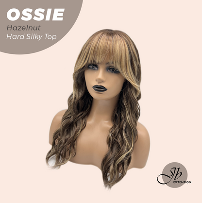 JBEXTENSION 22 Inches Scalpiana Long Wave Hazelnut 3.5X4 Hard Silky Top Natural Scalp Effect Wig with Bangs OSSIE HAZELNUT