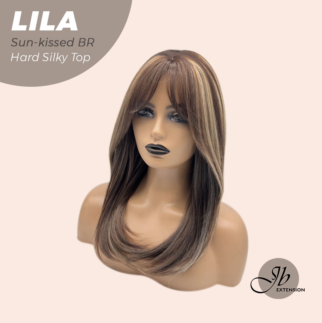 JBEXTENSION 20 Inches Scalpiana Sun-kissed Brown Wolf Cut 3.5X4 Hard Silky Top Natural Scalp Effect Wig with Bangs LILA SUN-KISSED BROWN