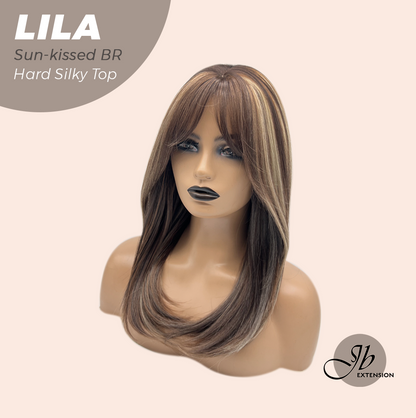 JBEXTENSION 20 Inches Scalpiana Sun-kissed Brown Wolf Cut 3.5X4 Hard Silky Top Natural Scalp Effect Wig with Bangs LILA SUN-KISSED BROWN