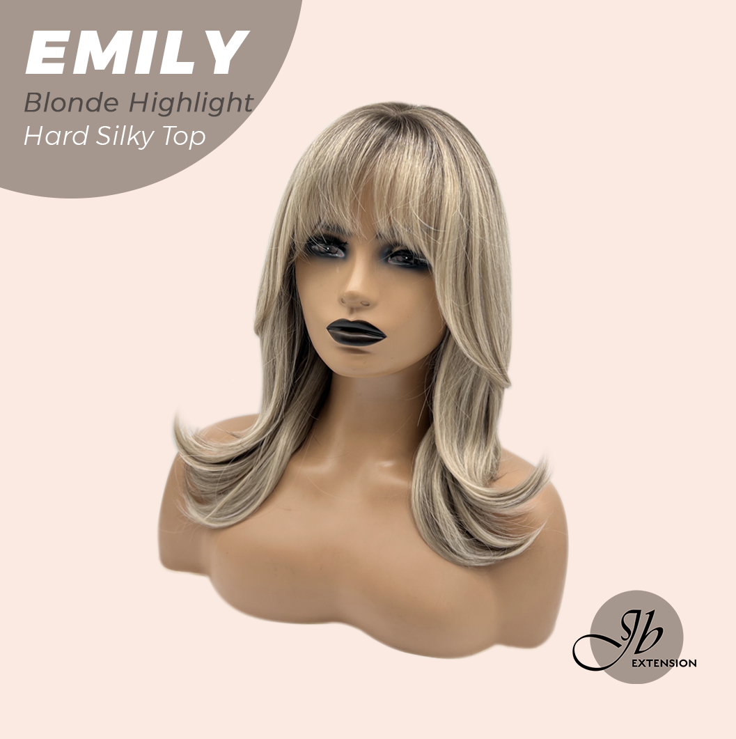 JBEXTENSION 18 Inches Scalpiana Curly Blonde Highlight 3.5X4 Hard Silky Top Natural Scalp Effect Wig with Bangs EMILY BLONDE HIGHLIGHT