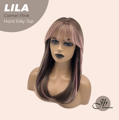 JBEXTENSION 20 Inches Scalpiana Camel Pink Wolf Cut 3.5X4 Hard Silky Top Natural Scalp Effect Wig With Bangs LILA CAMEL PINK