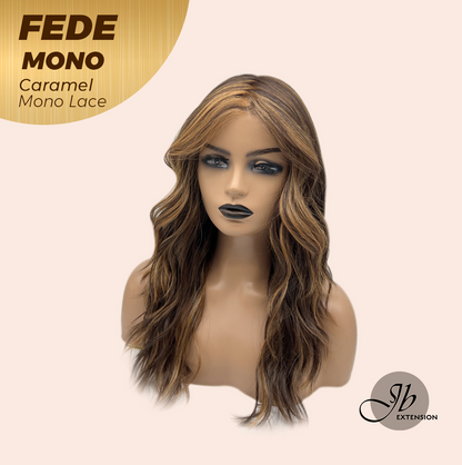 JBEXTENSION FEDE MONO Full Monofilament Handmade Full Lace Full Hand Tied Wig 19 Inches Wave Caramel Mono Lace Handmade Futura Fiber Wig with Anti-slip Silicone Strips Glueless Wig FEDE MONO - CARAMEL【BENDY EAR TABS】