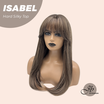 JBEXTENSION 22 Inches Scalpiana Straight Dark Brown with Blonde Highlight 3.5X4 Hard Silky Top Natural Scalp Effect Wig ISABEL SILKY TOP