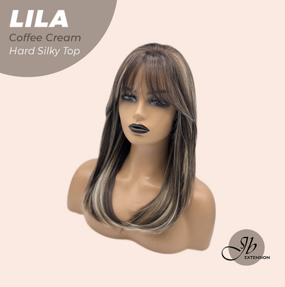 JBEXTENSION 20 Inches Scalpiana Coffee Cream Wolf Cut 3.5X4 Hard Silky Top Natural Scalp Effect Wig With Bangs LILA COFFEE CREAM