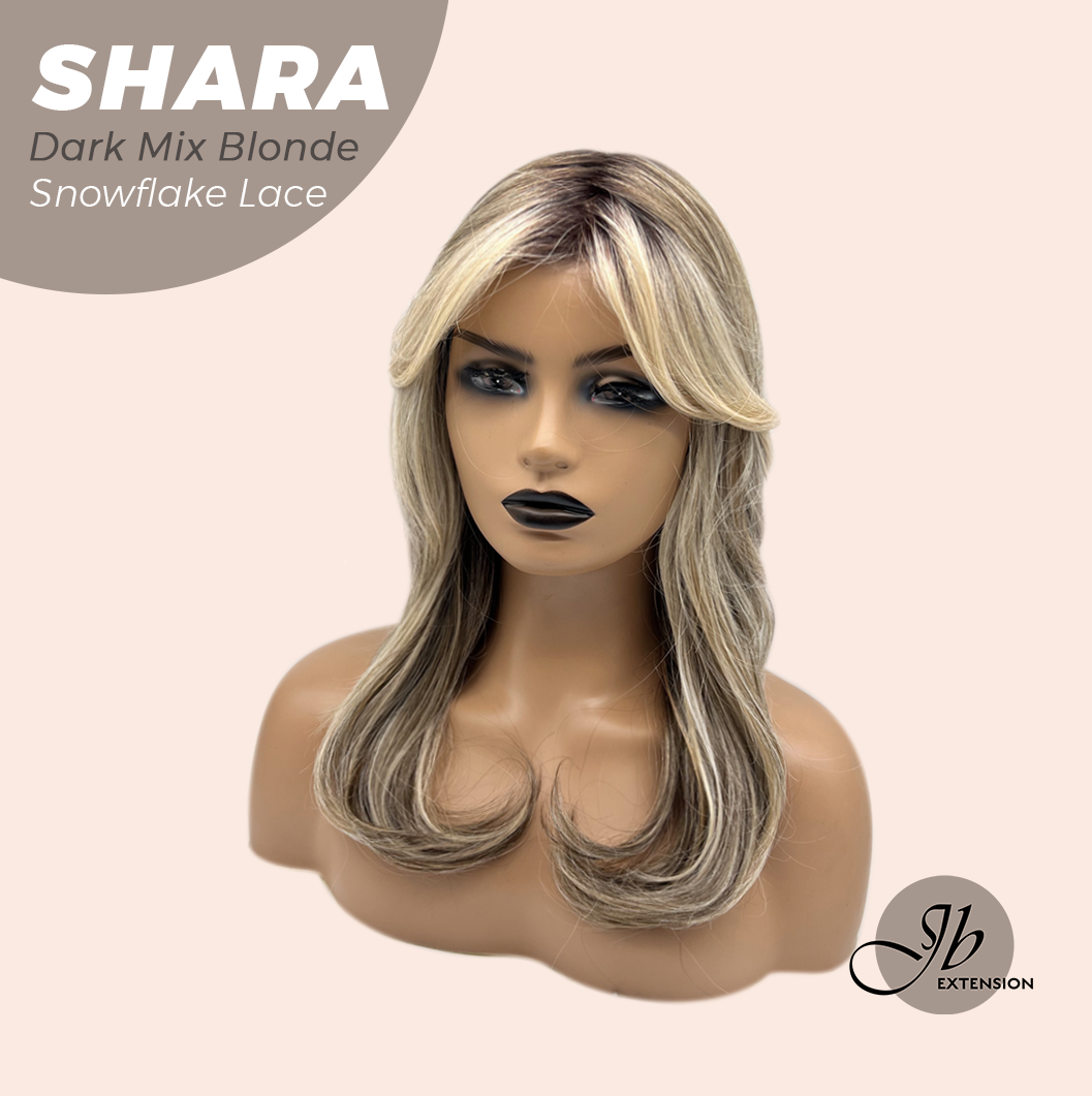 JBEXTENSION 17 Inches Curly Dark Mix Blonde Pre-Cut Arc Snowflake Lace Frontlace Glueless Wig SHARA DARK MIX BLONDE【BENDY EAR TABS】