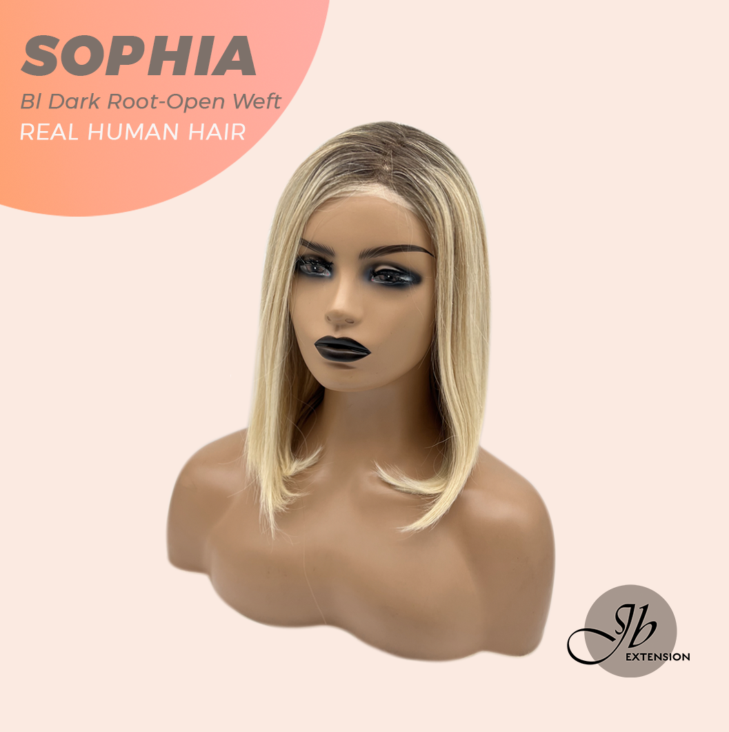 JBEXTENSION 12 Inches Blonde with Dark Root Pre-Cut Free Part Frontlace Glueless Real Human Hair Wig SOPHIA BLONDE WITH DARK ROOT - Open Weft【BENDY EAR TABS】