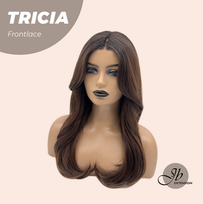 JBEXTENSION 23 Inches Curly Mocha with Dark Root Pre-Cut Frontlace Glueless Wig TRICIA LACE