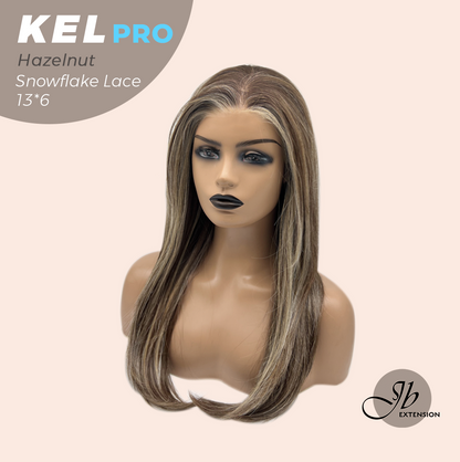 JBEXTENSION 22 Inches Hazelnut Blonde Highlight Pre-Cut 13X6 Free Part Snowflake Lace Frontlace Glueless Wig KEL PRO - HAZELNUT【BENDY EAR TABS】