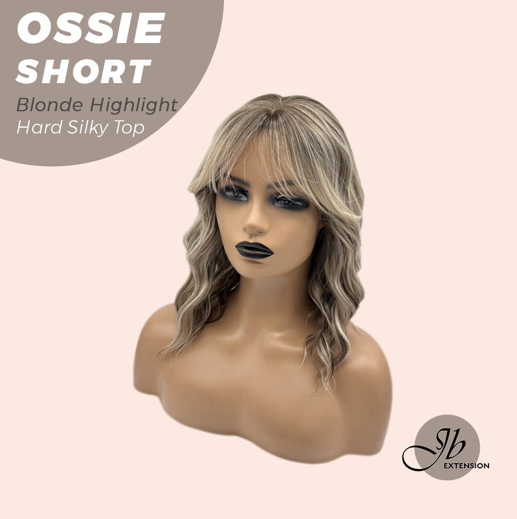 JBEXTENSION 14 Inches Scalpiana Wave Blonde Highlight 3.5X4 Hard Silky Top Natural Scalp Effect Wig with Bangs OSSIE SHORT - BLONDE HIGHLIGHT