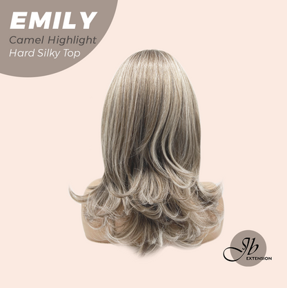 JBEXTENSION 18 Inches Scalpiana Curly Camel Highlight 3.5X4 Hard Silky Top Natural Scalp Effect Wig with Bangs EMILY CAMEL HIGHLIGHT